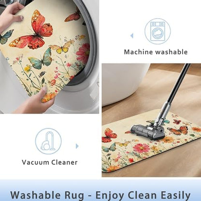 Retro Butterfly Flowers Bathroom Rug 29.5"x17", Super Absorbent Fast Drying - Image 5