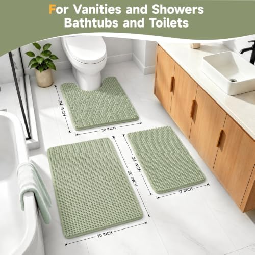 Ophanie Sage Green Bathroom Rugs Sets 3 Piece, Soft Chenille Bath Mat, Non Slip - Image 2