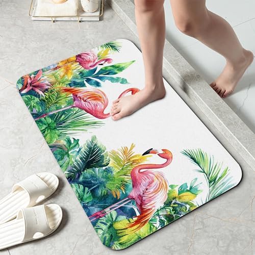 Flamingo Bathroom Rug 29.5"x17", Tropical Flowers Leaves Quick-Drying Super by Unknown