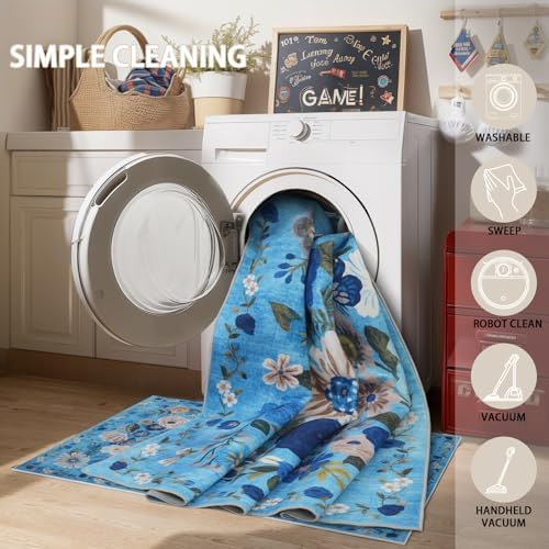 Floral Area Rugs 5x7 for Bedroom Livingroom Blue Non-Slip - Image 4