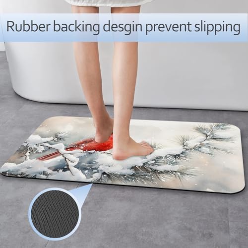 Cardinal Bird Bathroom Rug 29.5"x17", Winter Flowers Quick-Drying Super - Image 3