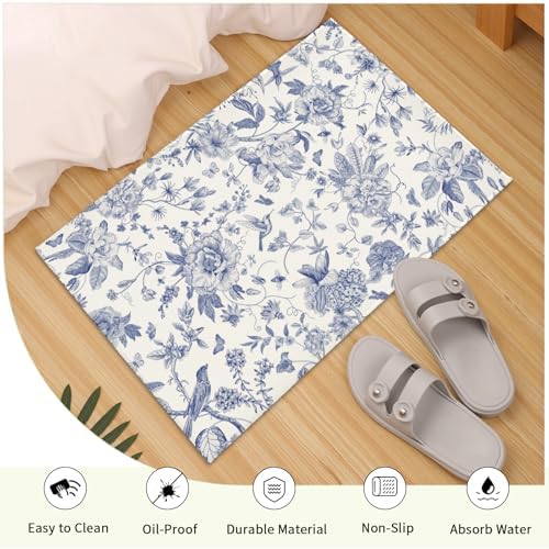 Giwawa Chinoiserie Flower Bath Rug Blue Leaves Bathroom Mat 16"x24" Soft Plush - Image 5
