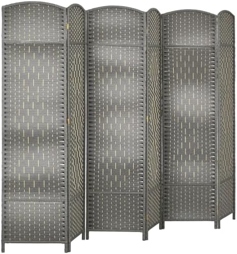 HOMCOM 6 Panel Room Divider 6 Ft Privacy Screen Hand-Woven Mixed Gray by HOMCOM