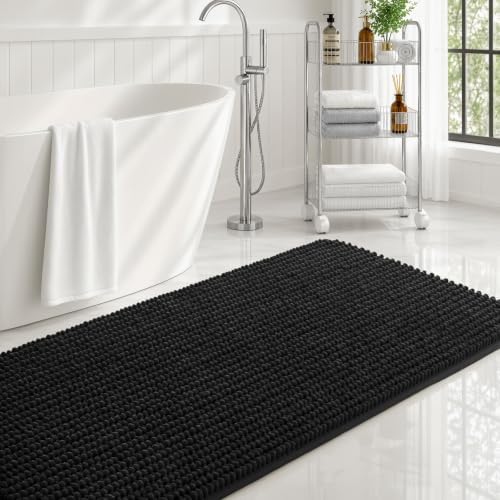 Ophanie Black Bathroom Rugs 48x20, Soft Chenille Bath Mat, Non Slip Absorbent by Ophanie
