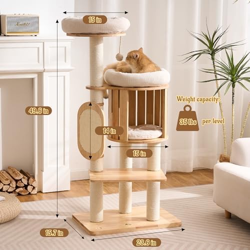 50" Modern Cat Tree for Indoor Cats Small to Medium, Solid Wood Cat Tower - Image 6