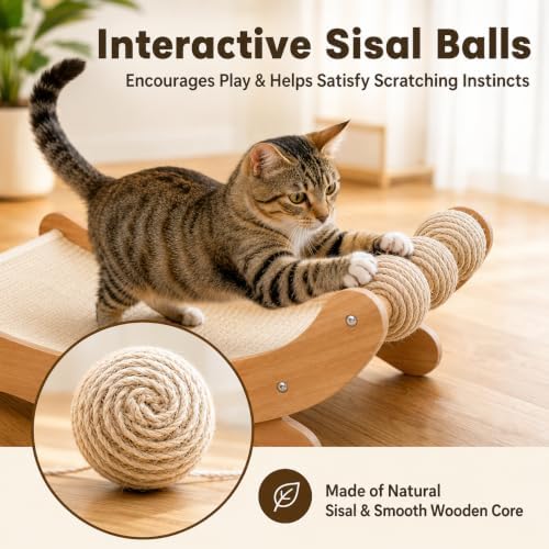 Sisal Cat Scratcher Bed with 3 Balls, Wood Hammock - Image 5