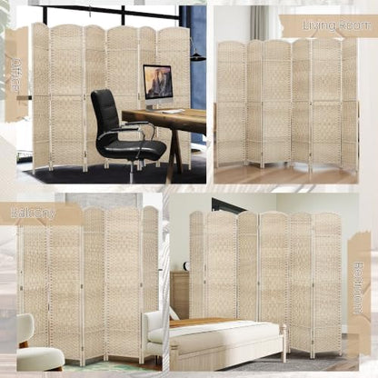 HOMCOM 6 Panel Room Divider 6 Ft Privacy Screen Hand-Woven Washed Oak - Image 6