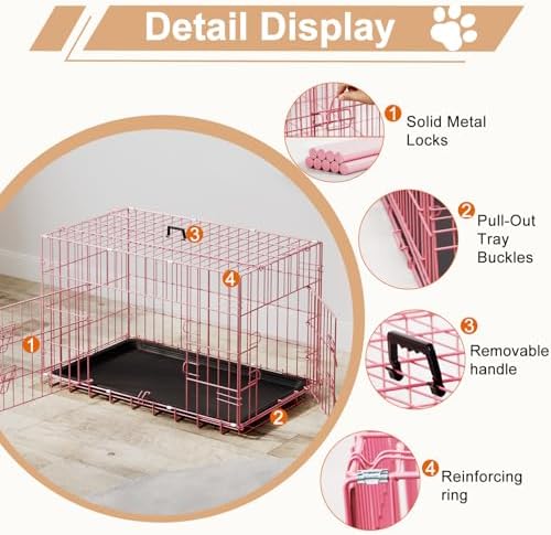 FDW | 30" Foldable Metal Dog Crate | Pink | Cage - Image 3