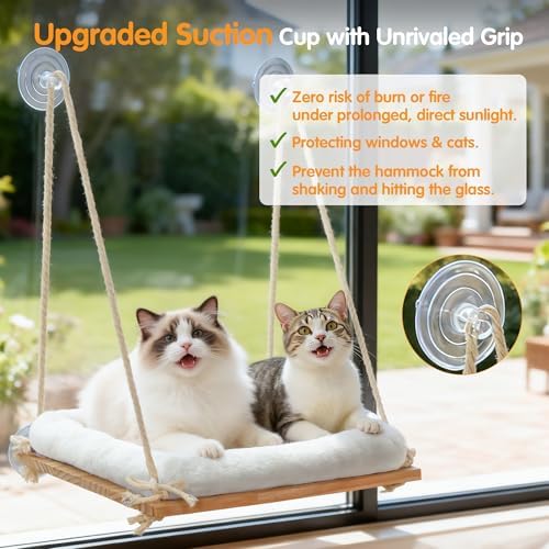 Large Cat Window Perch Hammock, Solid Wood Seat & Plush Cushion - Image 3