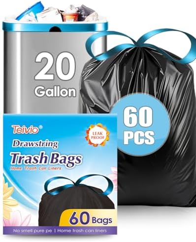 Teivio 20 Gallon 60 Counts Large Drawstring Trash Bags Strong Tall Kitchen by Teivio
