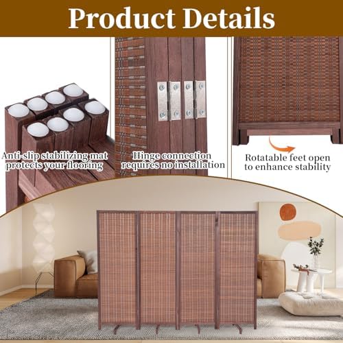 Bamboo Room Divider 4 Panel 47" H, 360°Rotating Feet Privacy Screen - Image 4