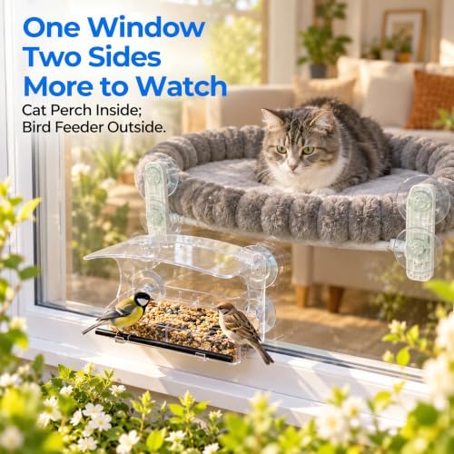 Cat Window Perch with Bird Feeder, Plush Suction Cup Window Cat Bed, M Size - Image 2