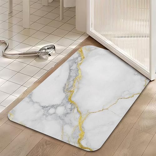 White Grey Marble Bath Mat, Fast Drying Modern Gold Abstract Bathmats - Image 5