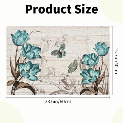 Giwawa Teal Floral Bath Rug Butterfly Flower Bath Carpet Soft Bathroom Plush - Image 3