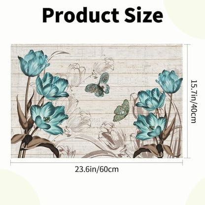 Giwawa Teal Floral Bath Rug Butterfly Flower Bath Carpet Soft Bathroom Plush - Image 3