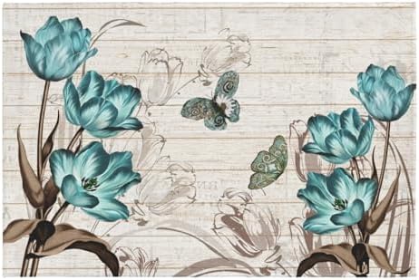 Giwawa Teal Floral Bath Rug Butterfly Flower Bath Carpet Soft Bathroom Plush by Giwawa