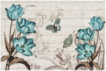 Giwawa Teal Floral Bath Rug Butterfly Flower Bath Carpet Soft Bathroom Plush by Giwawa