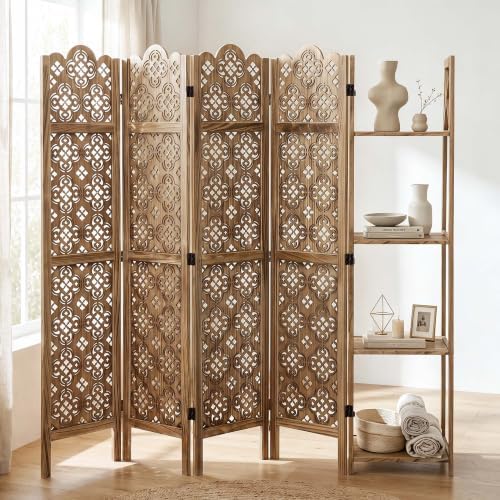 Svimi Wood Room Divider with 4-Tier Shelves, 4 Panel Privacy Screen - Image 2
