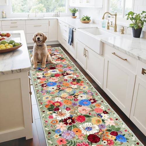 Floral Hallway Runner 2x10 Green Carpet Kitchen Rug by WelcometoBabovid