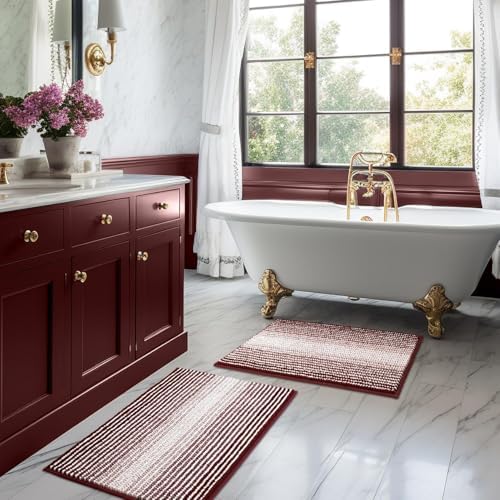 BSICPRO Bathroom Rugs Sets 2 Piece, Non Slip Striped Bath Mat, Burgundy Red by BSICPRO