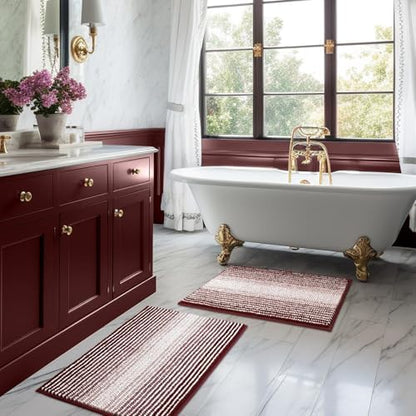 BSICPRO Bathroom Rugs Sets 2 Piece, Non Slip Striped Bath Mat, Burgundy Red by BSICPRO