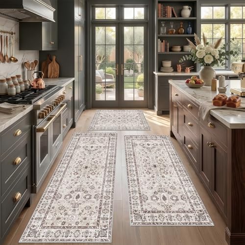 Kitchen Mat 3PC Washable Runner Soft Kitchen Rug Set of 3 Beige by NYZEL
