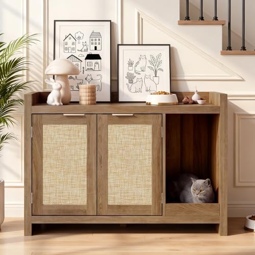 Cat Litter Box Enclosure, Modern Rattan Hidden Litter Box Furniture by ZOVAZEN