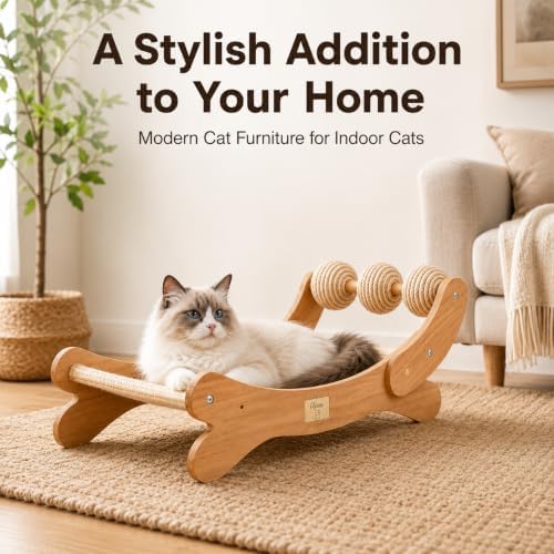 Sisal Cat Scratcher Bed with 3 Balls, Wood Hammock - Image 6