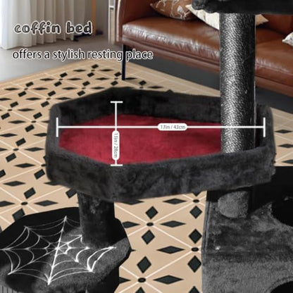 Gothic Cat Tree with Coffin Bed, Spooky Cat Tower with Scratching Post - Image 2