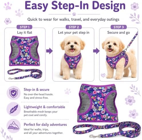 Step in Dog Harness Leash Set- All Weather Reflective No-Pull Floral Pattern - Image 3