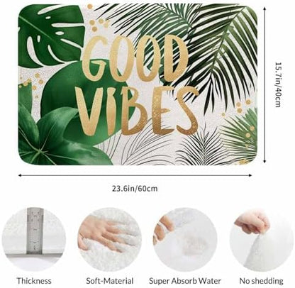 Good Vibes Gold Word Bath Mat for Bathroom Green Palm Leaf Tropical Jungle Palm - Image 3