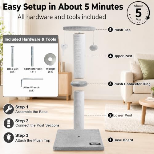 34"Tall Cat Scratching Post for Large Cats, Stable Base, Light Gray - Image 6