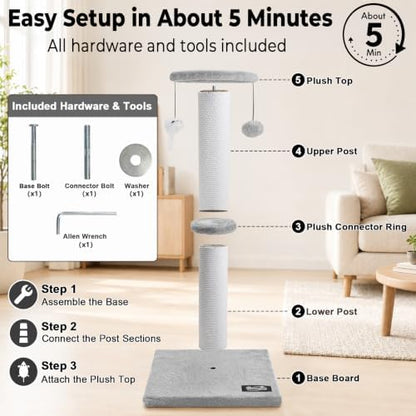 34"Tall Cat Scratching Post for Large Cats, Stable Base, Light Gray - Image 6
