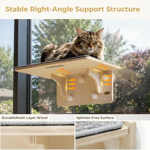 Pecute 2-in-1 Large Cat Window Perch & Wall Shelves, Solid Wood - Image 4