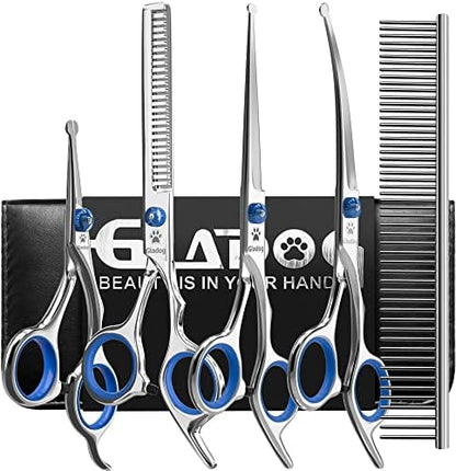 Dog Grooming Scissors Kit with Safety Round Tips, GLADOG Professional 6 in 1 by GLADOG