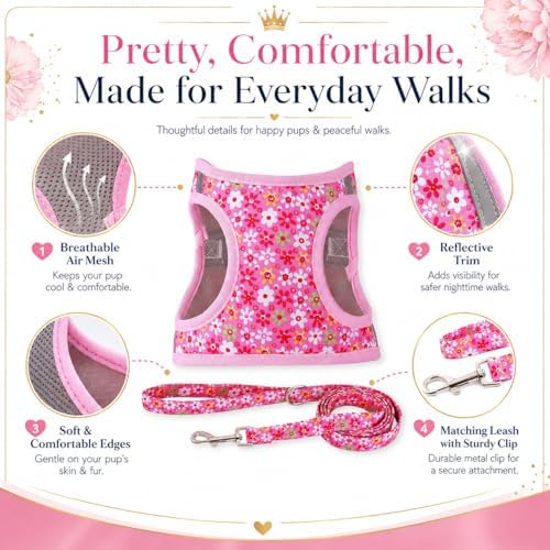 Step in Dog Harness Leash Set- All Weather Reflective No-Pull Floral Pattern - Image 2