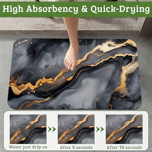 Grey Gold Marble Bathroom Rugs Thin Bath Mat Non Slip Washable, Rubber Backing - Image 4