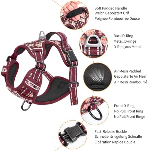 HEELE Dog Harness, Reflective, No Pull No Choke, Flower Burgundy - Image 2