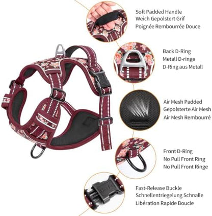 HEELE Dog Harness, Reflective, No Pull No Choke, Flower Burgundy - Image 2