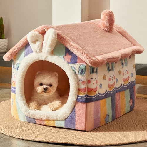 Cute Small Dog House Indoor, Foldable House Kennel Bed Mat by JIUPETY