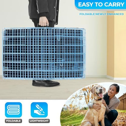 FDW | 42" Foldable Metal Dog Crate | Blue | Cage - Image 5