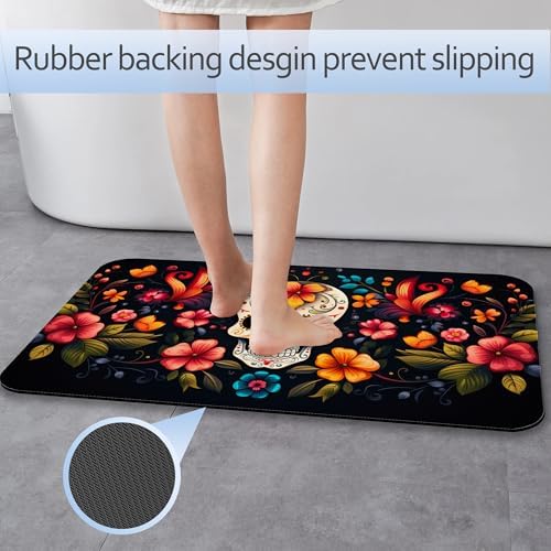 Skull Flowers Bathroom Mat, Non-Slip Rubber Backing Thin Low-Profile Bath Rug - Image 3