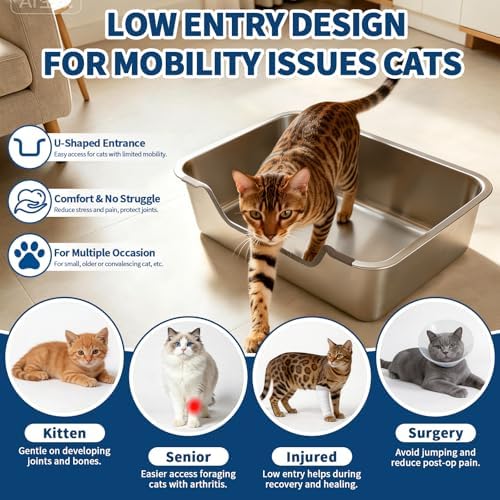 FHTONGE Low Entry Thickened Stainless Steel Cat Litter Box - Image 3