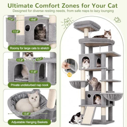 Globlazer 81in Cat Tree for Large Cats, Extra Tall Tower, Light Grey - Image 4