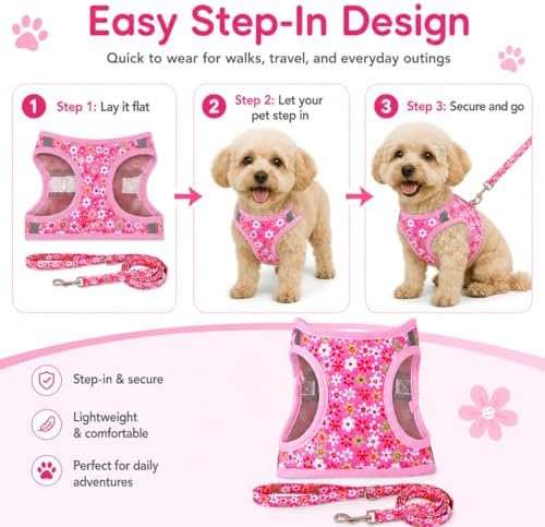 Step in Dog Harness Leash Set- All Weather Reflective No-Pull Floral Pattern - Image 3