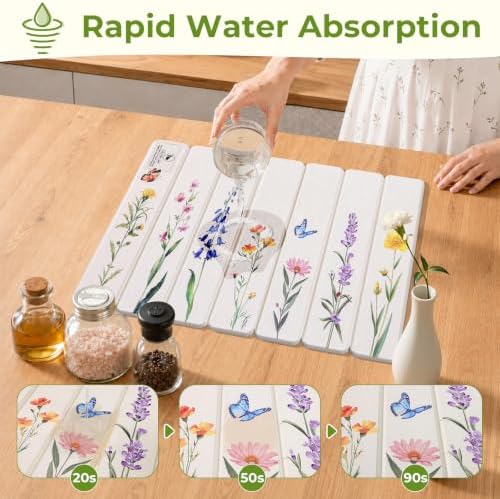 LOKHOM Stone Dish Drying Mat, 11.8"x15.7" Diatomaceous Earth Mat Floral - Image 6