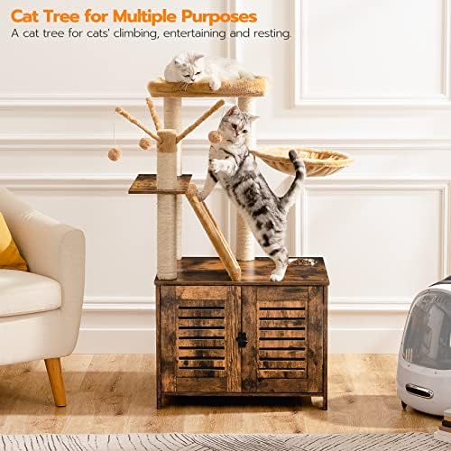 HOOBRO Cat Tree with Litter Box Enclosure, Cat Hammock, Hidden Litter Box - Image 4