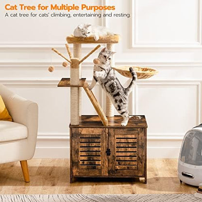 HOOBRO Cat Tree with Litter Box Enclosure, Cat Hammock, Hidden Litter Box - Image 4