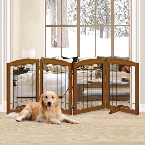 LZRS 4-Panel Freestanding Wooden Dog Gate—Extra Wide 30” Tall Foldable Pet by LZRSPET