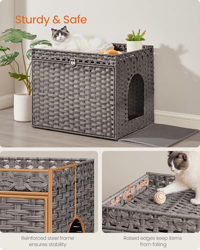 Feandrea Cat Litter Box Enclosure, Handwoven Rattan End Table, Extra Mat - Image 4